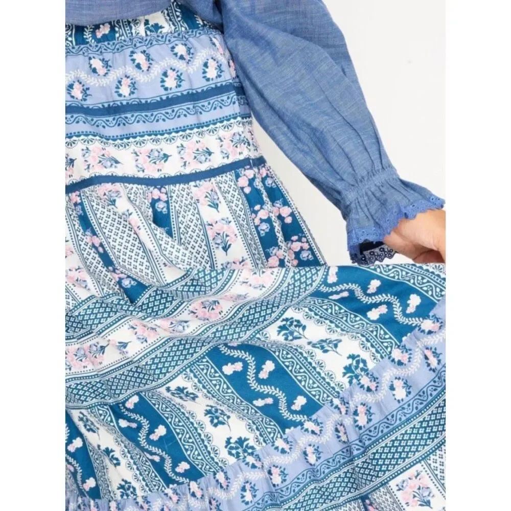 Nwt Ophelia & Indigo Edith Maxi Skirt Vintage Floral Blue Boho Block Medium — image 3 of 8